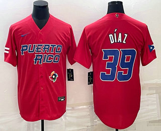 Mens Puerto Rico Baseball #39 Edwin Diaz 2023 Red World Baseball Classic Stitched Jerseys